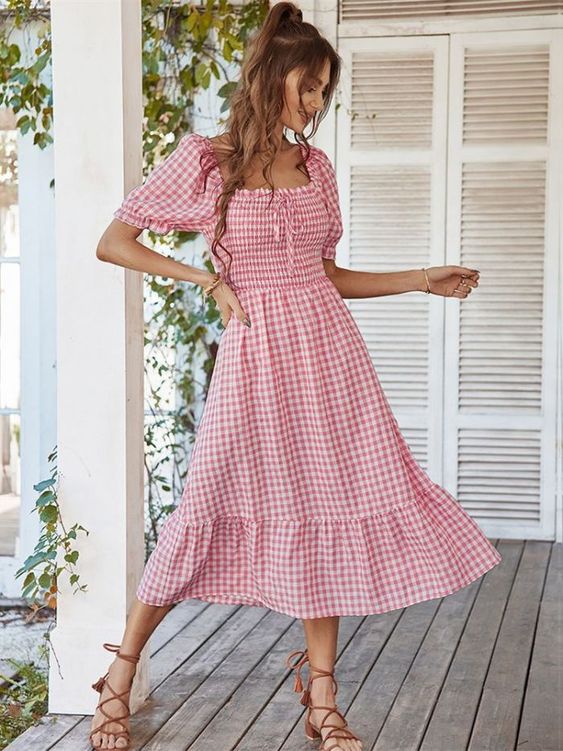 Pink Gingham Dress with Lace-Up Sandals